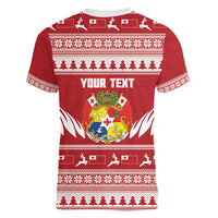 Personalised Tonga Rugby Christmas Women V-Neck T-Shirt Mate Maa Tonga Ngatu Pattern - Polynesian Pride