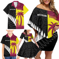 New Zealand and West Indies Cricket Custom Family Matching Off Shoulder Short Dress and Hawaiian Shirt Black Cap Windies Together - Polynesian Pride