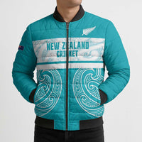 New Zealand Silver Fern Cricket Custom Bomber Puffer Jacket Black Cap Teal Maori Pattern - Polynesian Pride