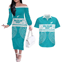 New Zealand Silver Fern Cricket Custom Couples Matching Off The Shoulder Long Sleeve Dress and Hawaiian Shirt Black Cap Teal Maori Pattern LT14 Teal - Polynesian Pride