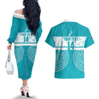 New Zealand Silver Fern Cricket Custom Couples Matching Off The Shoulder Long Sleeve Dress and Hawaiian Shirt Black Cap Teal Maori Pattern LT14 - Polynesian Pride