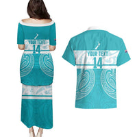 New Zealand Silver Fern Cricket Custom Couples Matching Puletasi and Hawaiian Shirt Black Cap Teal Maori Pattern LT14 - Polynesian Pride