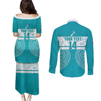 New Zealand Silver Fern Cricket Custom Couples Matching Puletasi and Long Sleeve Button Shirt Black Cap Teal Maori Pattern - Polynesian Pride