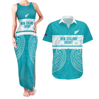 New Zealand Silver Fern Cricket Custom Couples Matching Tank Maxi Dress and Hawaiian Shirt Black Cap Teal Maori Pattern - Polynesian Pride