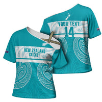 New Zealand Silver Fern Cricket Custom Cross Shoulder Shirt Black Cap Teal Maori Pattern - Polynesian Pride