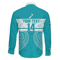 New Zealand Silver Fern Cricket Custom Family Matching Off The Shoulder Long Sleeve Dress and Hawaiian Shirt Black Cap Teal Maori Pattern - Polynesian Pride
