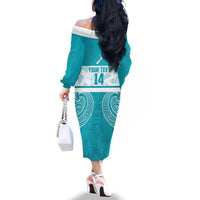 New Zealand Silver Fern Cricket Custom Family Matching Off The Shoulder Long Sleeve Dress and Hawaiian Shirt Black Cap Teal Maori Pattern - Polynesian Pride