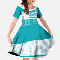 New Zealand Silver Fern Cricket Custom Family Matching Off Shoulder Short Dress and Hawaiian Shirt Black Cap Teal Maori Pattern - Polynesian Pride