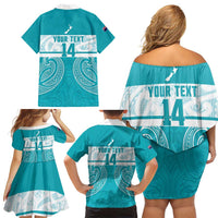 New Zealand Silver Fern Cricket Custom Family Matching Off Shoulder Short Dress and Hawaiian Shirt Black Cap Teal Maori Pattern - Polynesian Pride