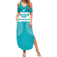 New Zealand Silver Fern Cricket Custom Family Matching Summer Maxi Dress and Hawaiian Shirt Black Cap Teal Maori Pattern - Polynesian Pride