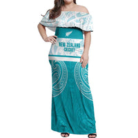 New Zealand Silver Fern Cricket Custom Off Shoulder Maxi Dress Black Cap Teal Maori Pattern - Polynesian Pride