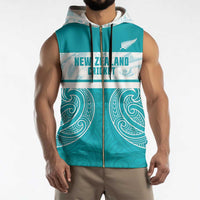 New Zealand Silver Fern Cricket Custom Sleeveless Zip Hoodie Black Cap Teal Maori Pattern - Polynesian Pride