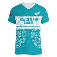 New Zealand Silver Fern Cricket Custom Women V-Neck T-Shirt Black Cap Teal Maori Pattern LT14 Female Teal - Polynesian Pride