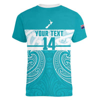 New Zealand Silver Fern Cricket Custom Women V-Neck T-Shirt Black Cap Teal Maori Pattern LT14 - Polynesian Pride