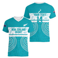 New Zealand Silver Fern Cricket Custom Women V-Neck T-Shirt Black Cap Teal Maori Pattern LT14 - Polynesian Pride
