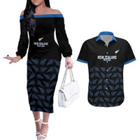 New Zealand Silver Fern Cricket Custom Couples Matching Off The Shoulder Long Sleeve Dress and Hawaiian Shirt Black Cap T20 Version - Polynesian Pride