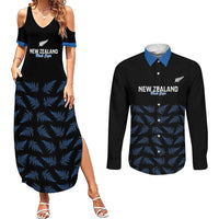 New Zealand Silver Fern Cricket Custom Couples Matching Summer Maxi Dress and Long Sleeve Button Shirt Black Cap T20 Version LT14 Black - Polynesian Pride