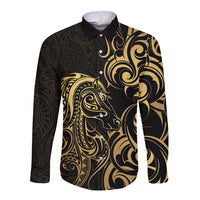 Gold And Black Aoteara Horse Racing Long Sleeve Button Shirt NZ Maori Pattern