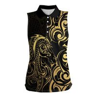 Gold And Black Aoteara Horse Racing Women Sleeveless Polo Shirt NZ Maori Pattern