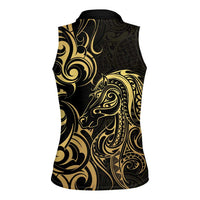 Gold And Black Aoteara Horse Racing Women Sleeveless Polo Shirt NZ Maori Pattern