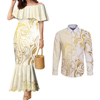 Gold And White Aotearoa Horse Racing Couples Matching Mermaid Dress and Long Sleeve Button Shirt NZ Maori Pattern LT14 White - Polynesian Pride