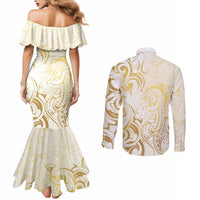 Gold And White Aotearoa Horse Racing Couples Matching Mermaid Dress and Long Sleeve Button Shirt NZ Maori Pattern LT14 - Polynesian Pride