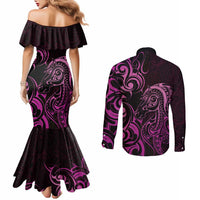 Pink Aotearoa Horse Racing Couples Matching Mermaid Dress and Long Sleeve Button Shirt NZ Maori Pattern LT14 - Polynesian Pride