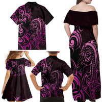 Pink Aoteara Horse Racing Family Matching Off Shoulder Maxi Dress and Hawaiian Shirt NZ Maori Pattern