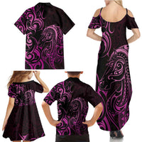 Pink Aoteara Horse Racing Family Matching Summer Maxi Dress and Hawaiian Shirt NZ Maori Pattern