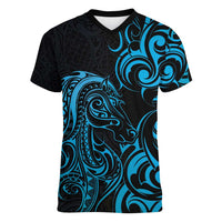 Blue Aotearoa Horse Racing Women V-Neck T-Shirt NZ Maori Pattern LT14 Female Blue - Polynesian Pride