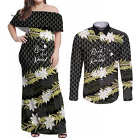 Born And Raised Aloha Hawaii Couples Matching Off Shoulder Maxi Dress and Long Sleeve Button Shirt Kanaka Kakau Hawaiian Tiare Pakalana Lei - Polynesian Pride