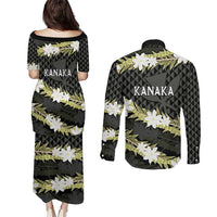 Born And Raised Aloha Hawaii Couples Matching Puletasi and Long Sleeve Button Shirt Kanaka Kakau Hawaiian Tiare Pakalana Lei - Polynesian Pride