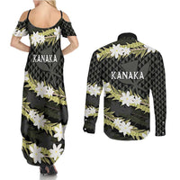 Born And Raised Aloha Hawaii Couples Matching Summer Maxi Dress and Long Sleeve Button Shirt Kanaka Kakau Hawaiian Tiare Pakalana Lei - Polynesian Pride