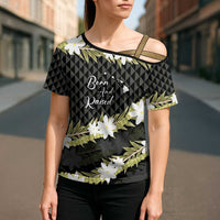 Born And Raised Aloha Hawaii Cross Shoulder Shirt Kanaka Kakau Hawaiian Tiare Pakalana Lei - Polynesian Pride