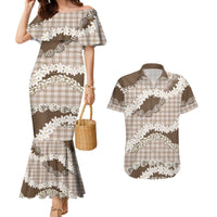 Brown Hawaii Tiare and Shell Lei Couples Matching Mermaid Dress and Hawaiian Shirt Hawaiian Palaka Luxury Vibes - Polynesian Pride