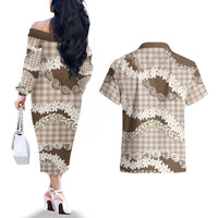 Brown Hawaii Tiare and Shell Lei Couples Matching Off The Shoulder Long Sleeve Dress and Hawaiian Shirt Hawaiian Palaka Luxury Vibes - Polynesian Pride