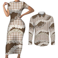 Brown Hawaii Tiare and Shell Lei Couples Matching Short Sleeve Bodycon Dress and Long Sleeve Button Shirt Hawaiian Palaka Luxury Vibes LT14 Brown - Polynesian Pride