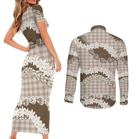 Brown Hawaii Tiare and Shell Lei Couples Matching Short Sleeve Bodycon Dress and Long Sleeve Button Shirt Hawaiian Palaka Luxury Vibes LT14 - Polynesian Pride