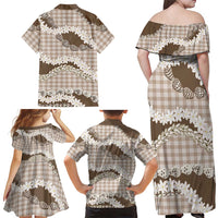Brown Hawaii Tiare and Shell Lei Family Matching Off Shoulder Maxi Dress and Hawaiian Shirt Hawaiian Palaka Luxury Vibes - Polynesian Pride