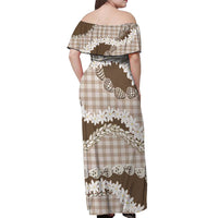 Brown Hawaii Tiare and Shell Lei Off Shoulder Maxi Dress Hawaiian Palaka Luxury Vibes LT14 - Polynesian Pride