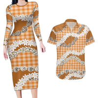 Orange Hawaii Tiare and Shell Lei Couples Matching Long Sleeve Bodycon Dress and Hawaiian Shirt Hawaiian Palaka Luxury Vibes - Polynesian Pride