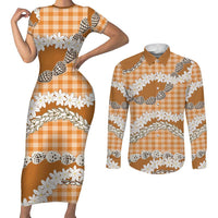Orange Hawaii Tiare and Shell Lei Couples Matching Short Sleeve Bodycon Dress and Long Sleeve Button Shirt Hawaiian Palaka Luxury Vibes LT14 Orange - Polynesian Pride