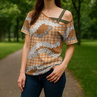 Orange Hawaii Tiare and Shell Lei Cross Shoulder Shirt Hawaiian Palaka Luxury Vibes - Polynesian Pride