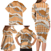 Orange Hawaii Tiare and Shell Lei Family Matching Long Sleeve Bodycon Dress and Hawaiian Shirt Hawaiian Palaka Luxury Vibes - Polynesian Pride
