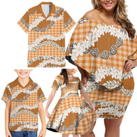 Orange Hawaii Tiare and Shell Lei Family Matching Off Shoulder Short Dress and Hawaiian Shirt Hawaiian Palaka Luxury Vibes - Polynesian Pride
