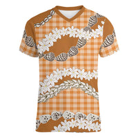 Orange Hawaii Tiare and Shell Lei Women V-Neck T-Shirt Hawaiian Palaka Luxury Vibes - Polynesian Pride