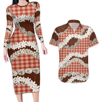 Red Hawaii Tiare and Shell Lei Couples Matching Long Sleeve Bodycon Dress and Hawaiian Shirt Hawaiian Palaka Luxury Vibes - Polynesian Pride