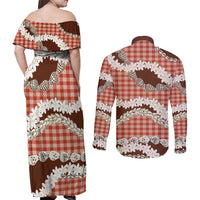 Red Hawaii Tiare and Shell Lei Couples Matching Off Shoulder Maxi Dress and Long Sleeve Button Shirt Hawaiian Palaka Luxury Vibes LT14 - Polynesian Pride