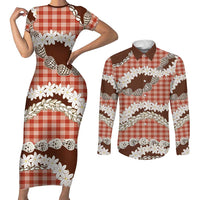 Red Hawaii Tiare and Shell Lei Couples Matching Short Sleeve Bodycon Dress and Long Sleeve Button Shirt Hawaiian Palaka Luxury Vibes LT14 Red - Polynesian Pride