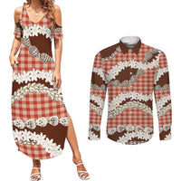 Red Hawaii Tiare and Shell Lei Couples Matching Summer Maxi Dress and Long Sleeve Button Shirt Hawaiian Palaka Luxury Vibes - Polynesian Pride
